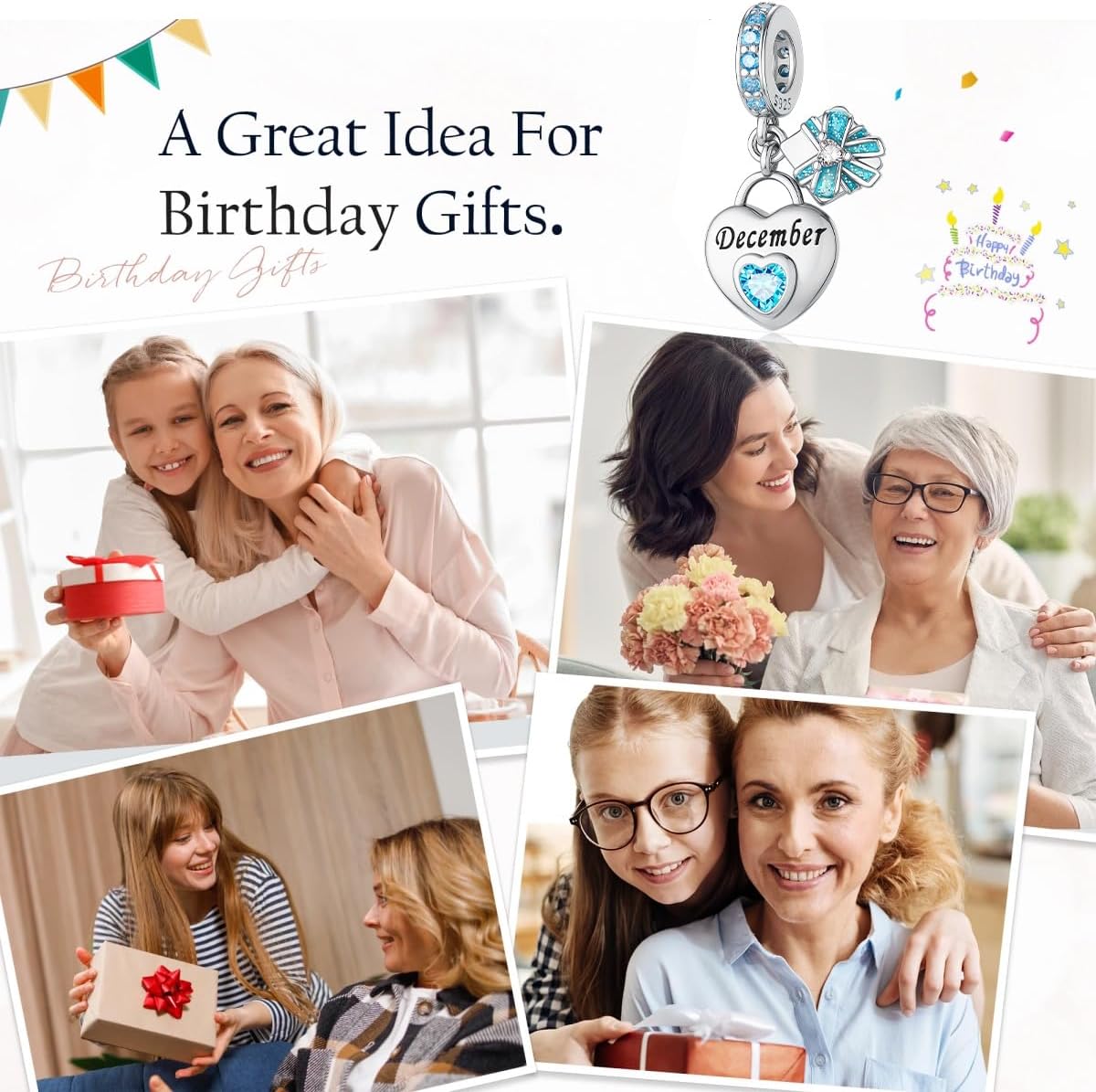 Aurevella 925 Sterling Silver Heart Birthstone Charms for Bracelets and Necklaces Happy Birthday Christmas Women&Mom Jewelry Gifts - Image 5