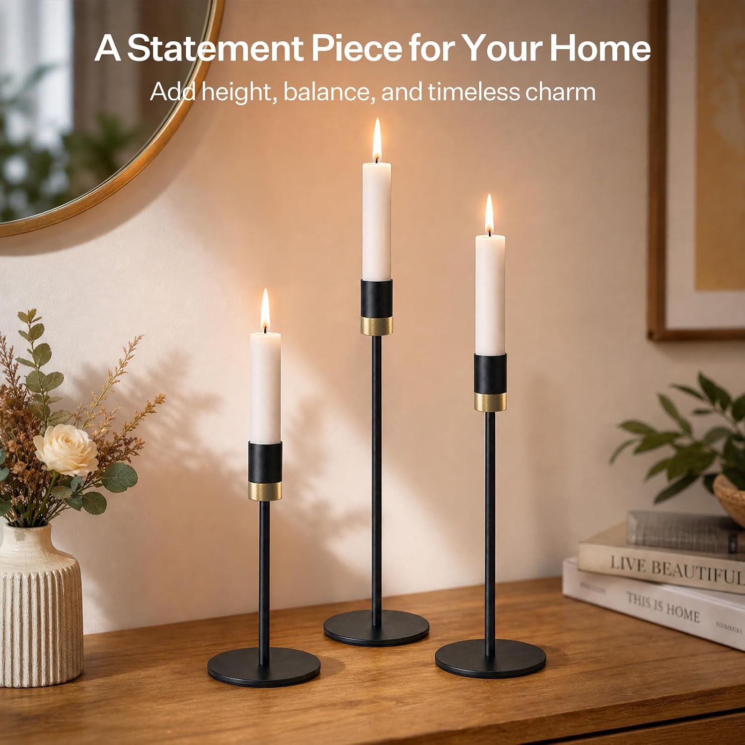 Candlestick Holders, Weighted Iron Taper Candle Holder, Set of 3 Matte Black & Gold Candle Holders for Candlesticks, Vintage Table Centerpieces for Halloween Christmas Wedding & Home Decor
