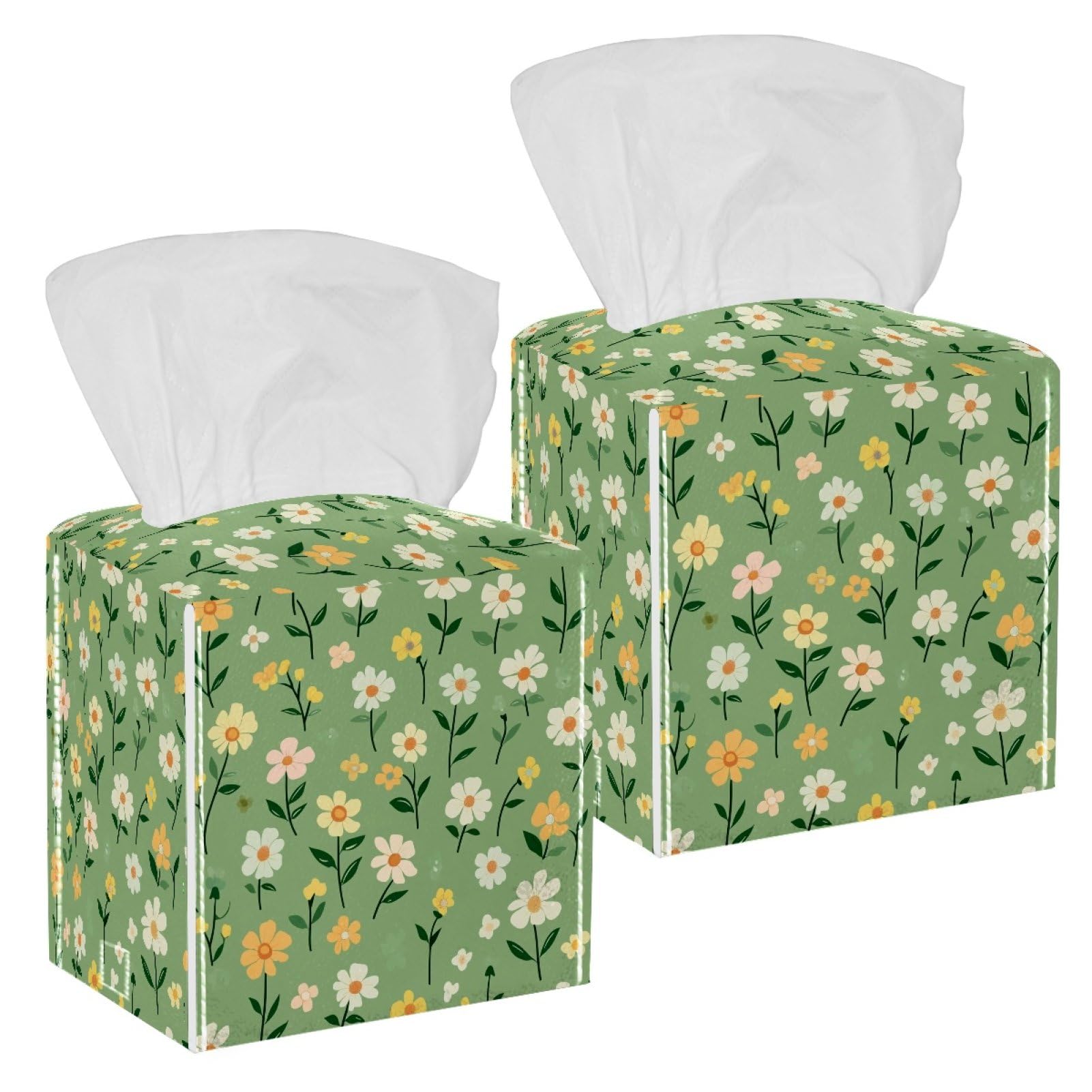 Daisy Tissue Box Cover, 2 Pack PU Leather Square Facial Tissue Dispenser Box holder for Home Office Car