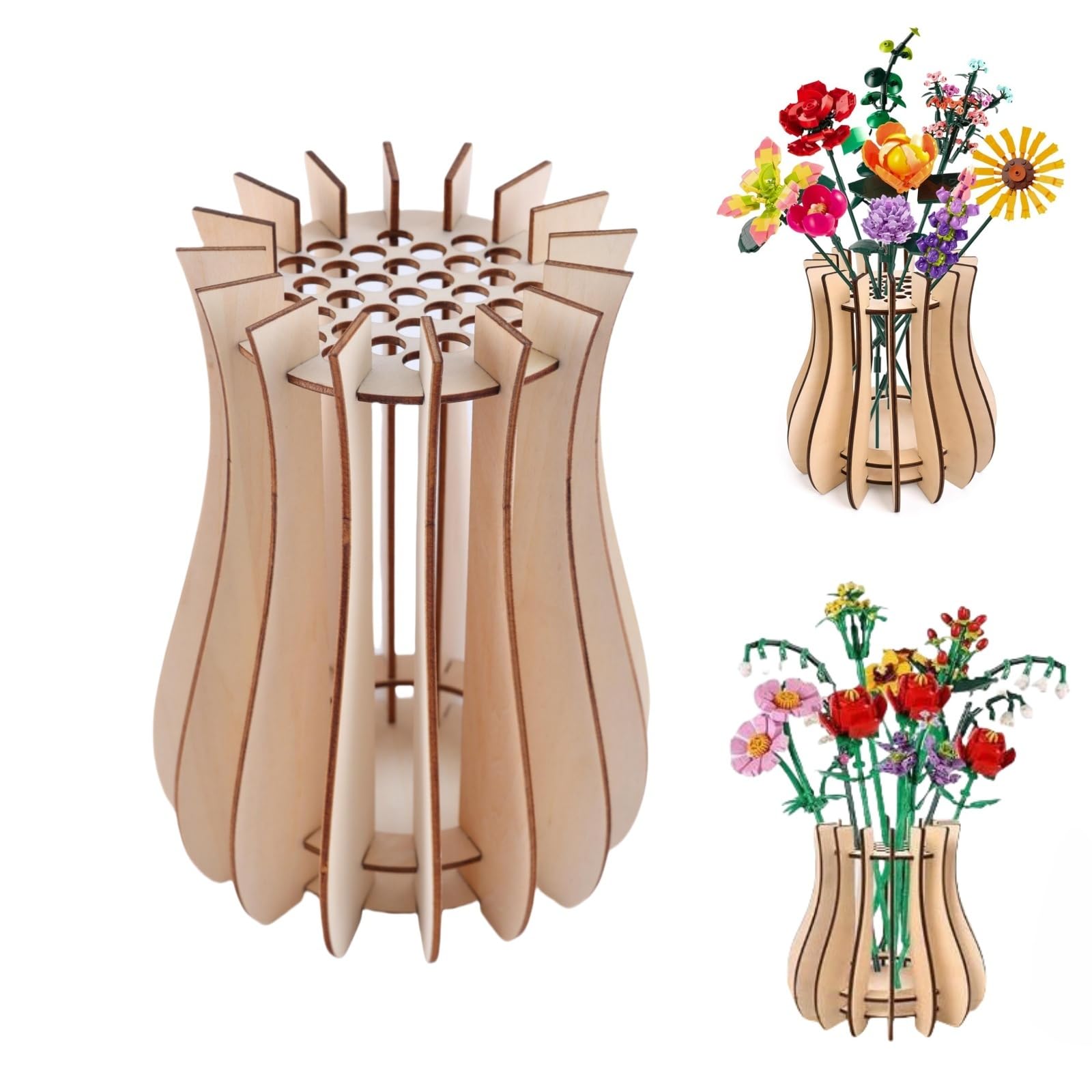 Lego wooden puzzle vase, wood chip handmade vase, suitable for Lego flowers, fake flowers, wooden flower arrangement display stands, suitable for decorating homes and offices, gifts for flower lovers.-picture-40