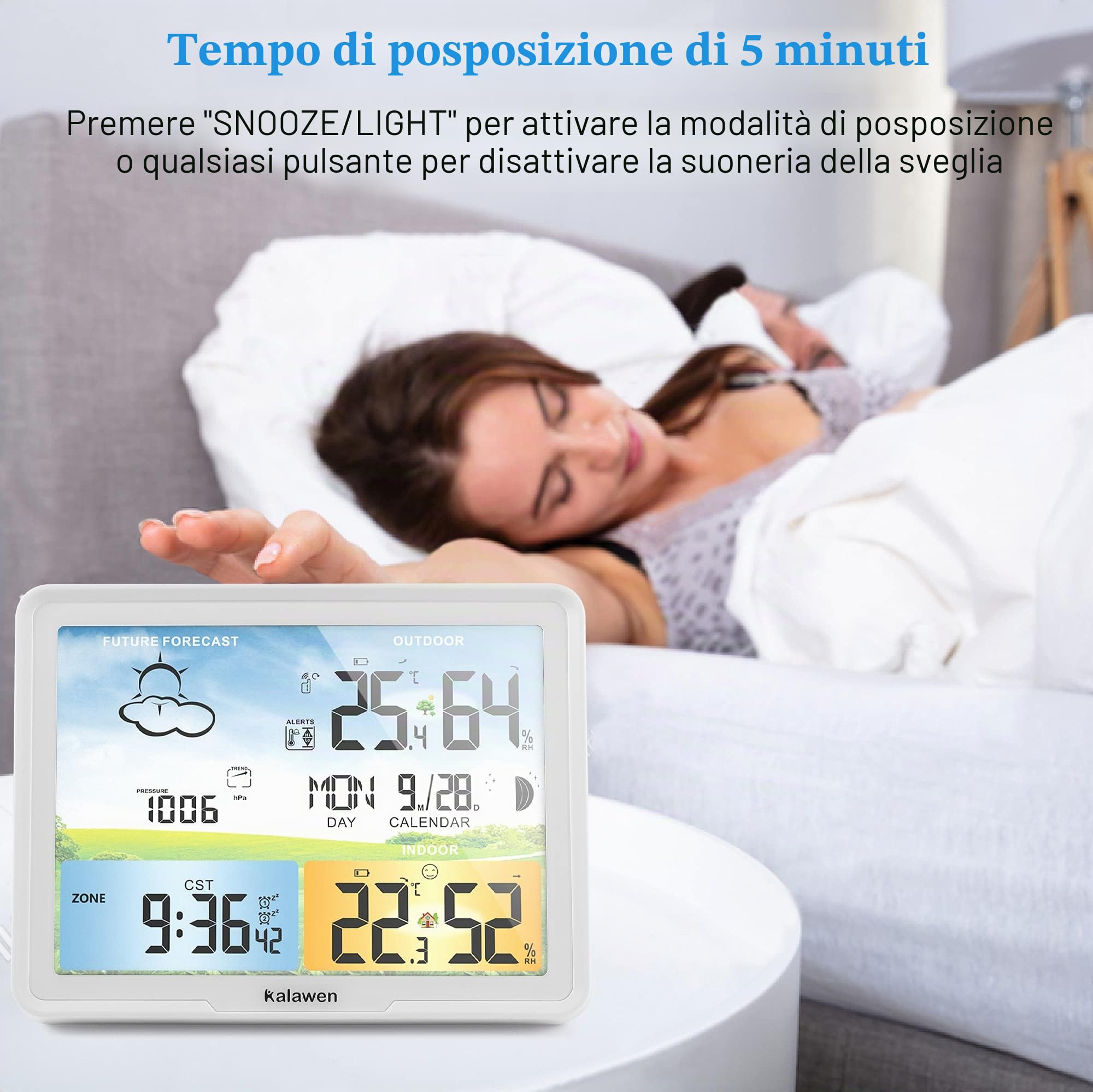 Stazione meteo radio Kalawen con sensore esterno, display digitale a colori, orologio radio DCF per uso interno ed esterno, termometro, igrometro, previsioni meteo, barometro e fasi lunari (bianco)