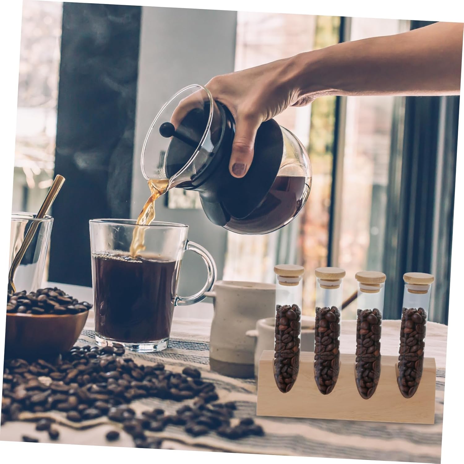 Glass Coffee Bean Display Jar with Stand Sealed Storage Tubes for Freshness Compact Design for Home and Kitchen Organization