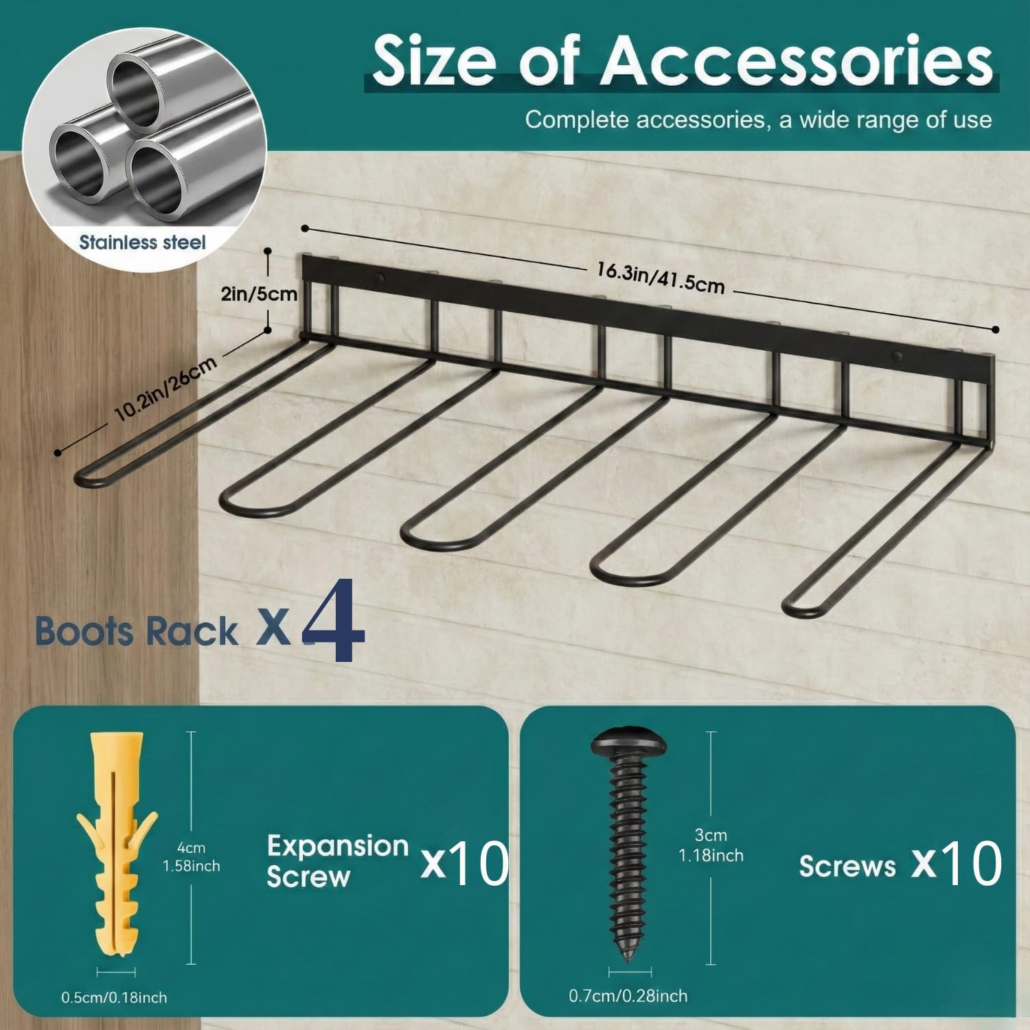 Wall Mount Boot Rack Metal Wader Hangers for Tall Boots, 8 Pair Boot Storage Organizer for Entryway Garage, Heavy Duty Cowboy Boot Holder for Rain Work Shoes, Outdoor & Indoor Use(4 Pack)