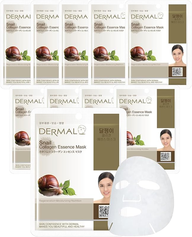 DERMAL Snail Mucin Collagen Korean Essence Sheet Mask, 23g, 10 Pack | 10,000ppm snail secretion + 2,000ppm collagen with panthenol, beta-glucan & aloe; 23g nourishing essence; 10 sheets