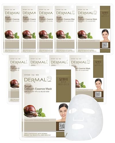 DERMAL Caracol - Máscara facial con esencia de colágeno, hoja de 0.81 oz, paquete de 10 unidades, regeneradora de la piel y cuidado de problemas
