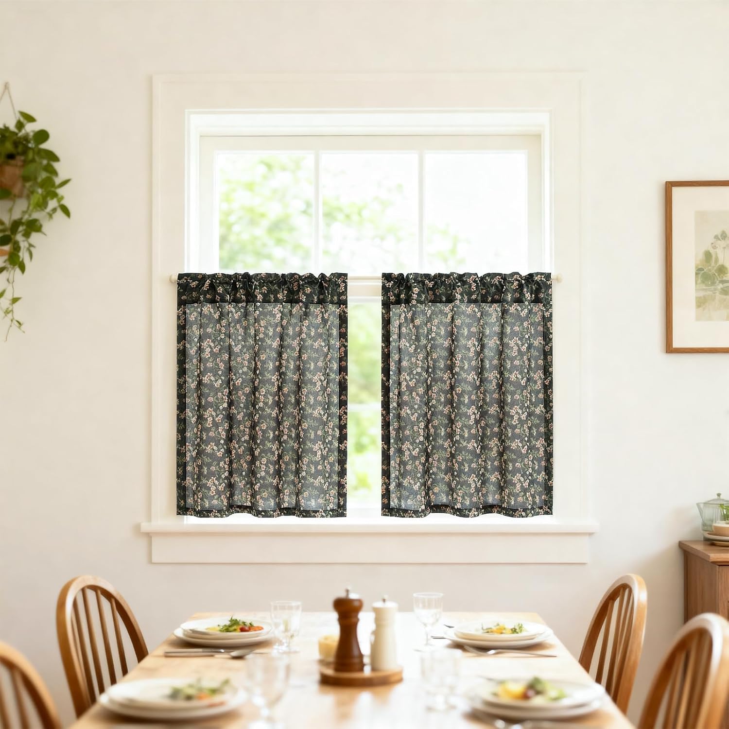 VOGOL Vintage Black Flower Cafe Curtains, 2 Panels Tier Rod Pocket Drapes, Country Style Window Treatment for Kitchen or Dining Room, Easy Hanging, 30x36 Inches