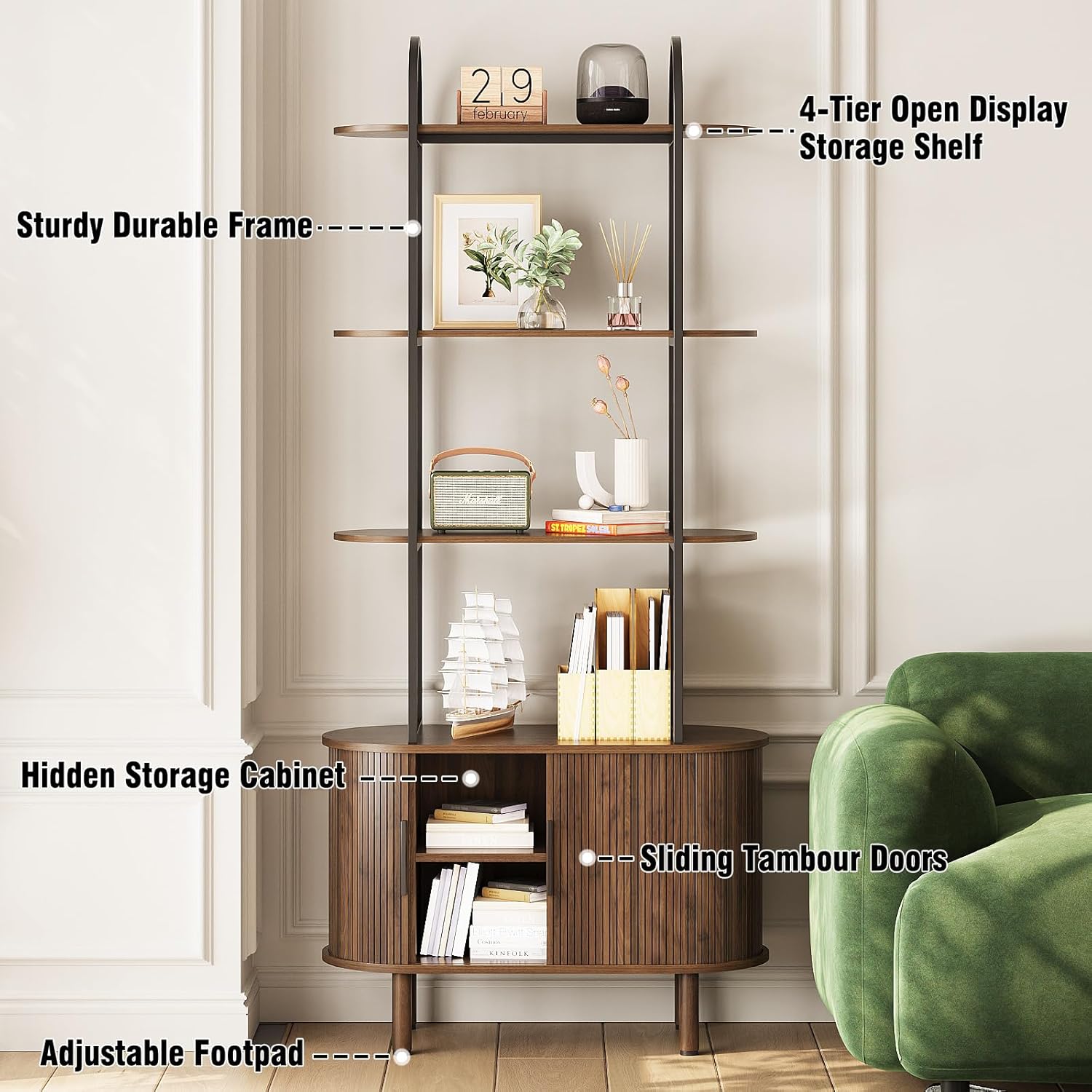 Espelism 71 Tall Mid-Century Display Shelf Bookshelf with Sliding Tambour Doors, 4-Tier Freestanding Vinyl Record Player Stand Fluted Storage Cabinet for Living Room, Bedroom, Home Office