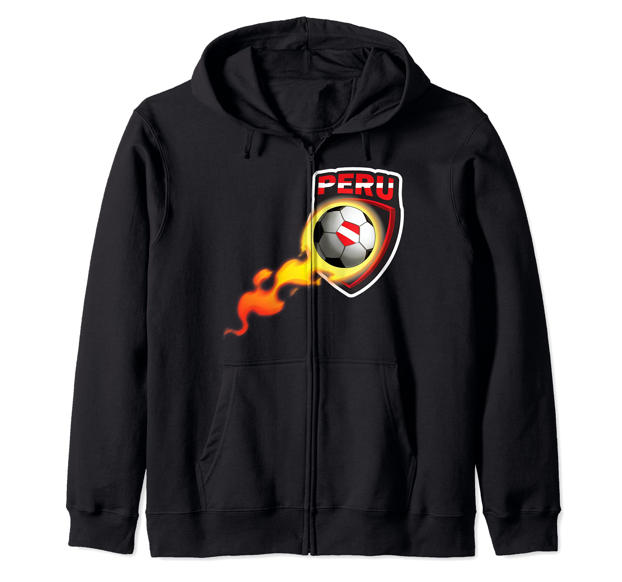 Peru Flaming Soccer Ball Futbol design for Peruvian Fans Zip Hoodie, Black