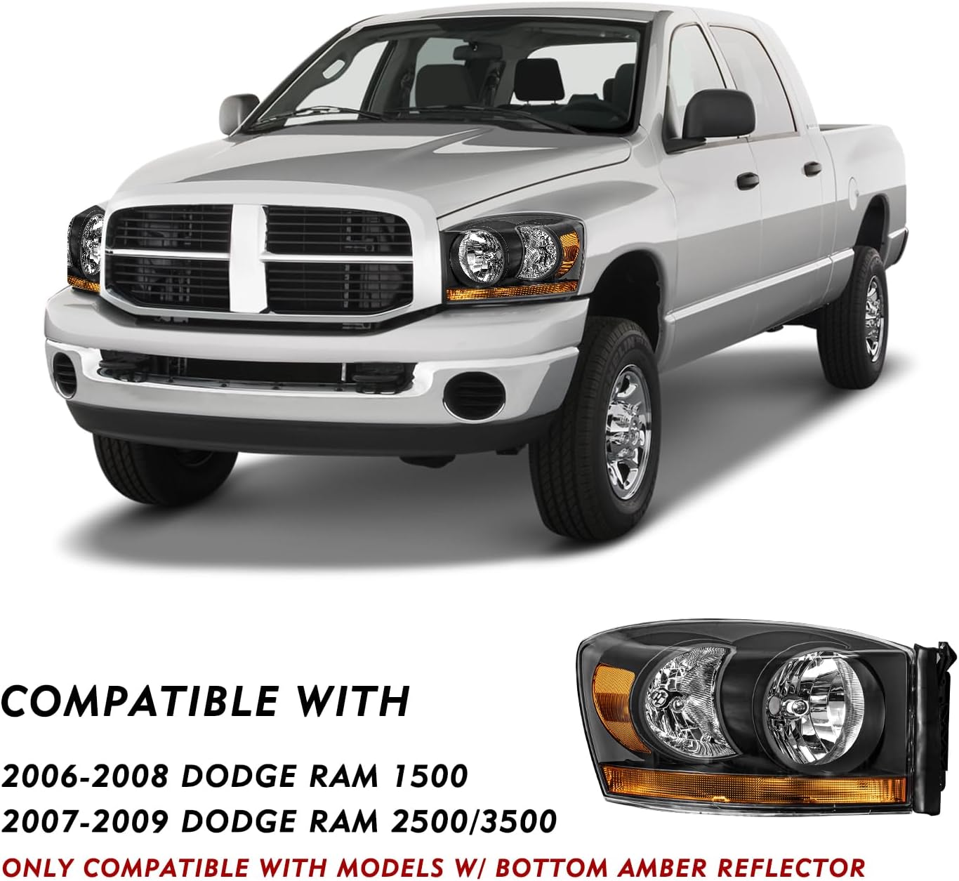 TUSDAR Headlight Assembly Set for 2006-2008 Dodge Ram 1500/2007-2009 Dodge Ram 2500/3500 Pickup Driver and Passenger Side (Chrome Housing with Amber Reflector Black Lens)