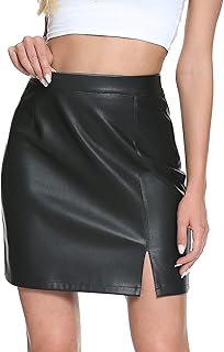 Sponsored Ad - Fahsyee Leather Skirt, Women Faux Mini Elastic High Waist Plus Size Pencil Aline Bodycon Vegan Stretch Eleg...
