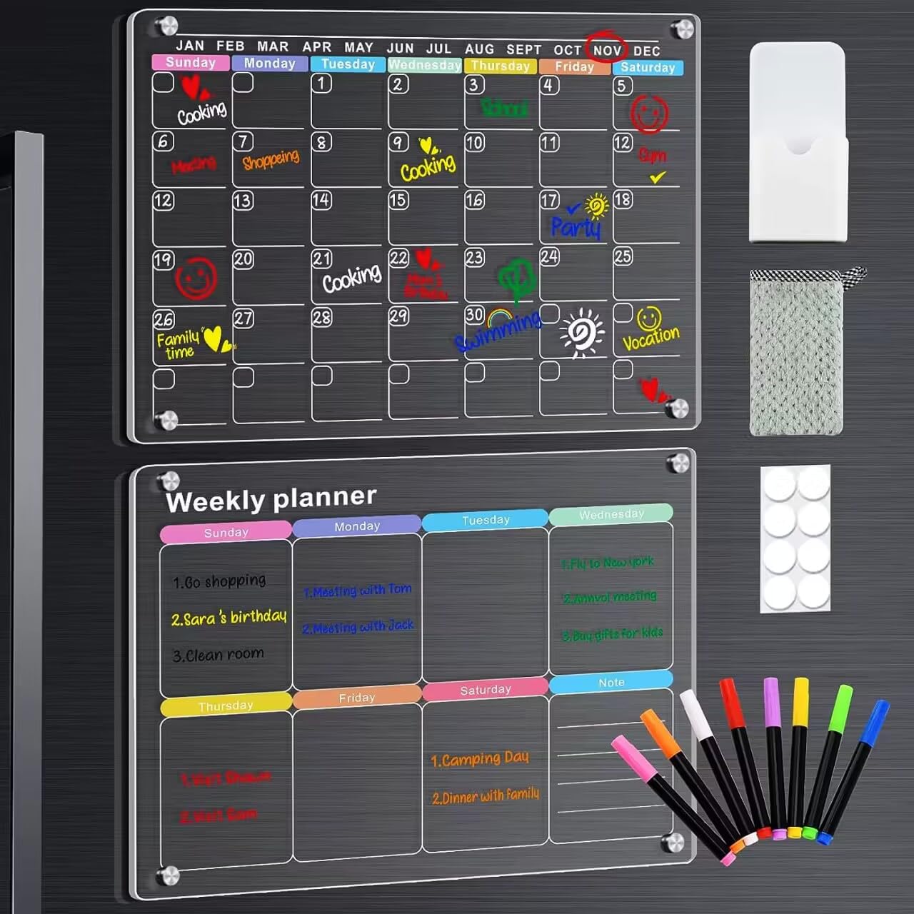 Photo 1 of HDYEGY Acrylic Magnetic Monthly and Weekly Calendar for Fridge, Clear Dry Erase Calendar Board Reusable Fridge Calendar with 8pcs Colorful Colored Markers,Magnetic Holder and Eraser Towel,16"x12"