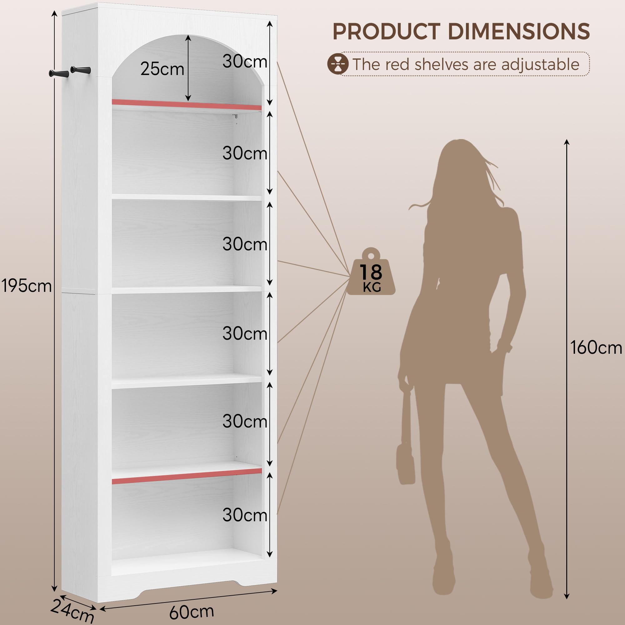 IRONCK Bücherregal 195 cm Extra Hoch, 6 Ebenen Standregal mit Rundbogen, Bücherwand mit 2 Haken, Offenes Aufbewahrungsregal & Display-Regal für Büro, Wohnzimmer & Arbeitszimmer