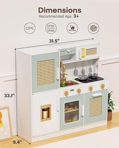 Miniatura 5 de Babytronic Juego de cocina de madera para niños, cocina de juego de simulación rosa con luces y sonidos, juguete de cocina de estilo retro para