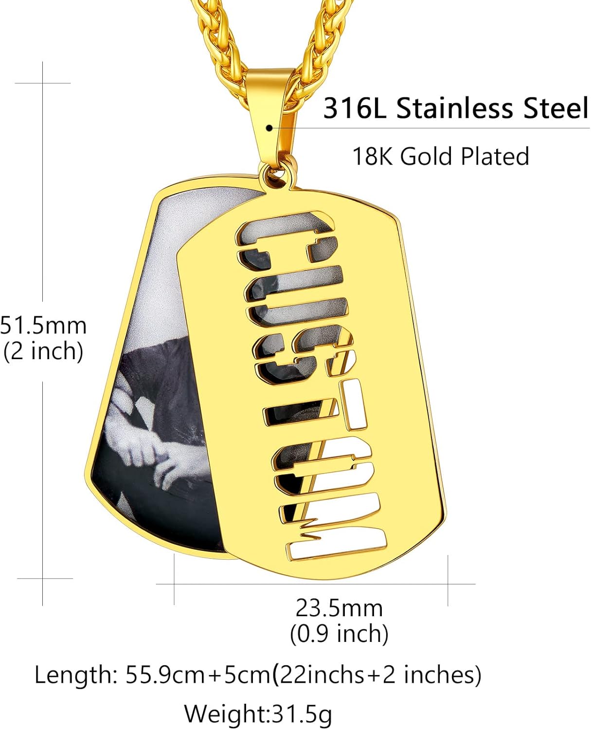Custom4U Dogtags Military Necklace with Picture Name Text Engraved Personalized Photo Pendant Stainless Steel/Gold/Black with Chain Custom Memorial Necklaces for Men Women (Gift Box)