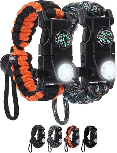 Miniatura 9 de Pulsera de cuerda de paracaídas de supervivencia ajustable, paquete de 2 kits de inicio de fuego de emergencia con silbato fuerte, brújula, luz de