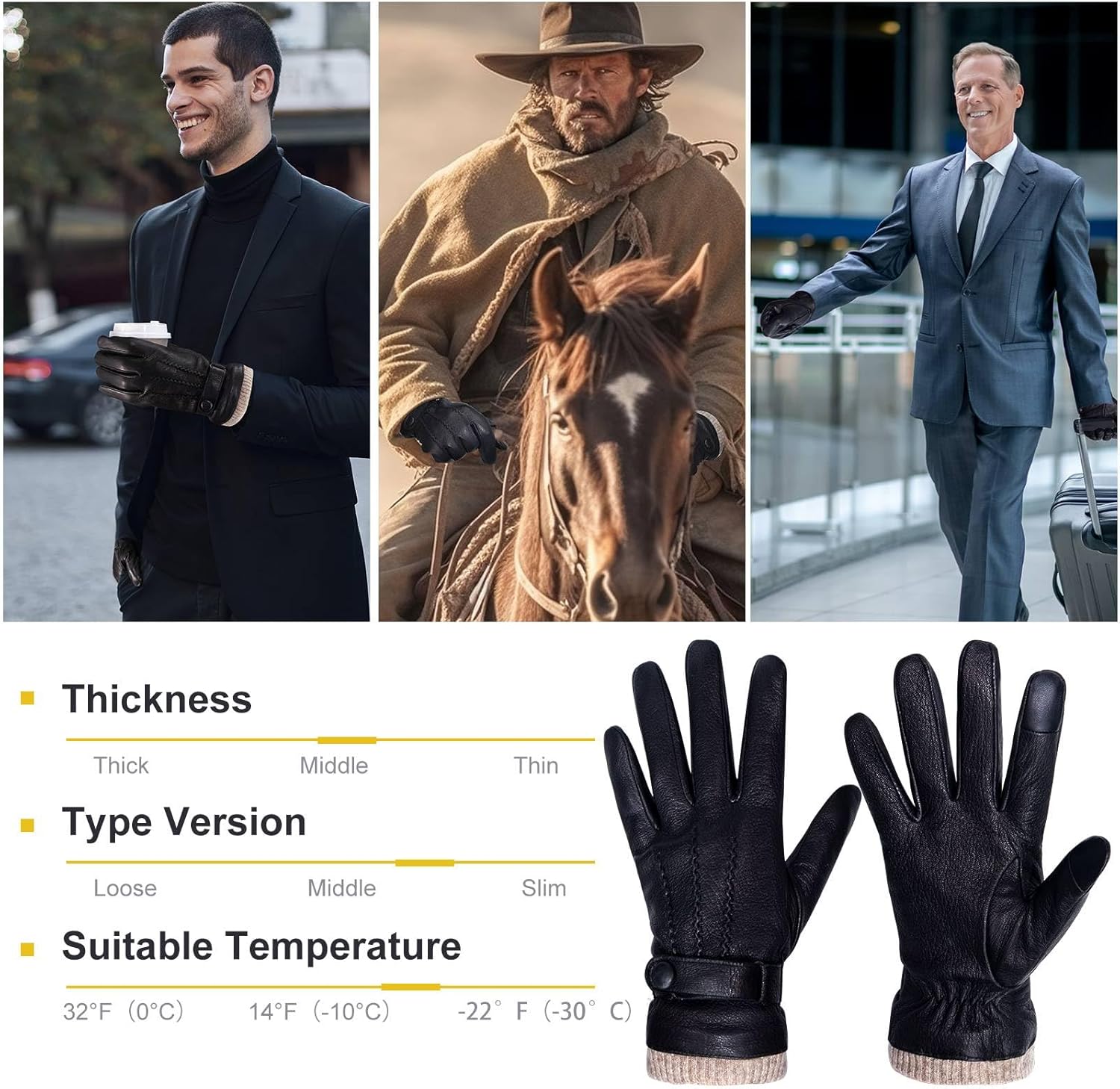 Winter Gloves for Men: Touchscreen Windproof Thermal Sheepskin Leather Gloves Warm Wool Lined for Motorcycle Driving - Image 6