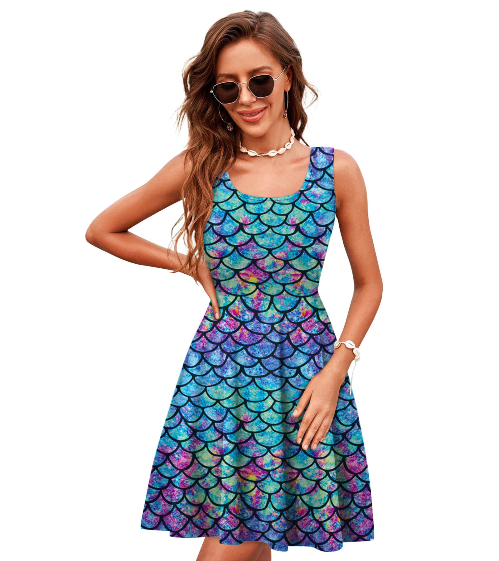 Women's Sleeveless Scoop Neck Summer Beach Casual Midi A Line Dress