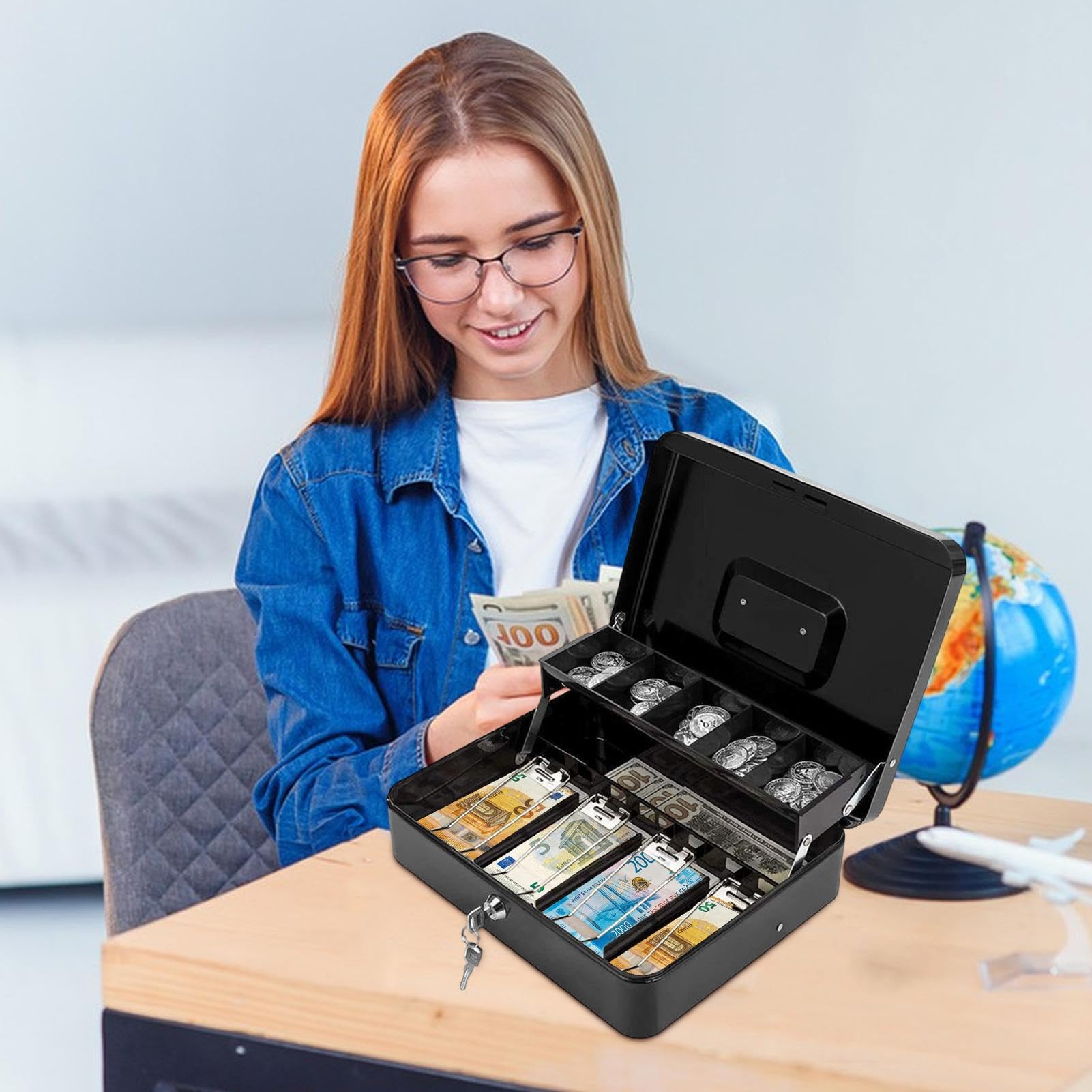 Cassa con serratura e 2 chiavi, Salvadanaio per risparmiare denaro | Scatola di risparmio di denaro bloccabile con serratura e 2 chiavi, cassetto del registratore di cassa, 4 slot per