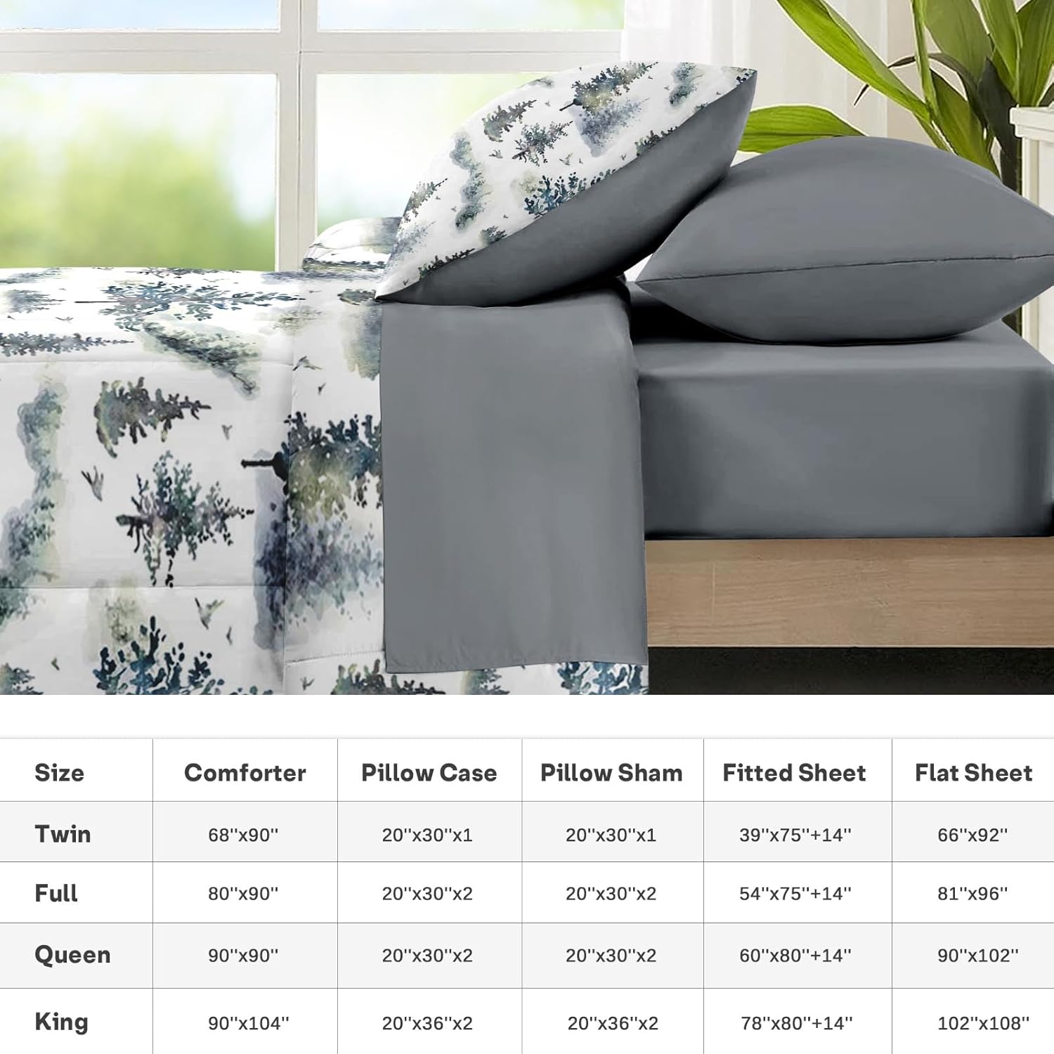 Nesker Comforter Set Queen Size, Tree Birds Forest 7 Pcs Bedding for Kids and Adults, Woodland Pine Winter Bed Sheet Sets with Fitted Sheet 2 Pillowcases & 2 Shams
