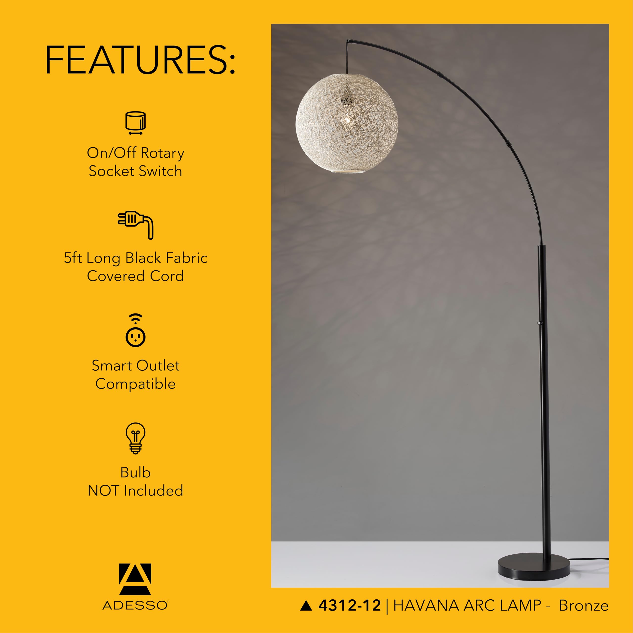 Adesso Floor Lamp, Antique Bronze & Cream Rattan, 76.5” | Havana