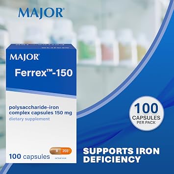 MAJOR Ferrex-150 Polysaccharide-Iron Complex Capsules, 100 Count (1 Pack)