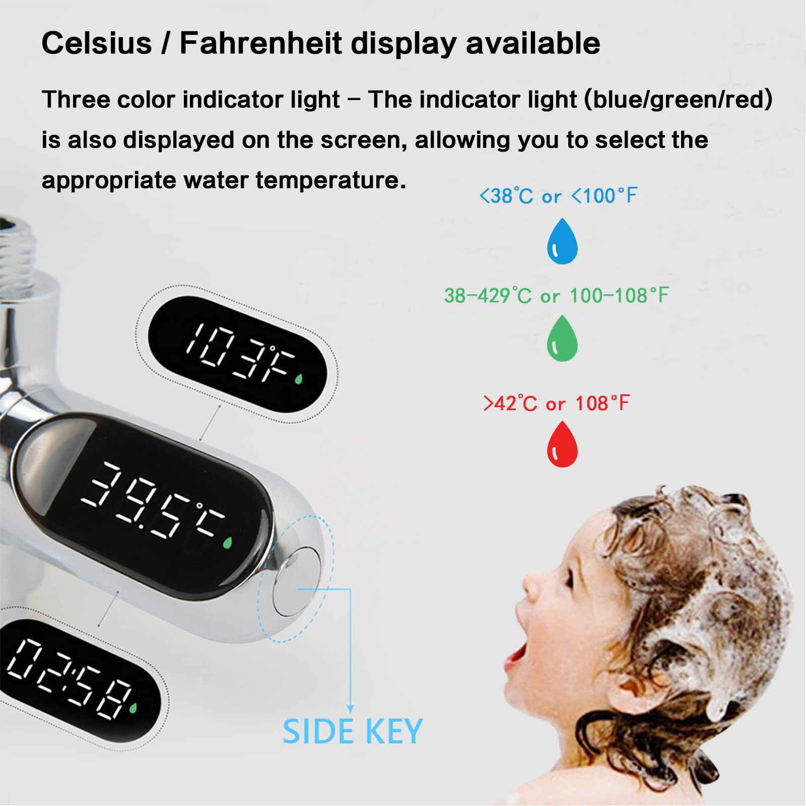 Termómetro de ducha de lectura instantánea para baño, temperatura del agua con pantalla digital LED de 360 °, pantalla giratoria, adecuado para baño de bebé, cocina, cuarto de baño