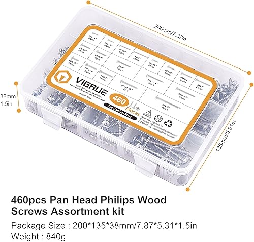 Miniatura 6 de VIGRUE 460 tornillos de madera Phillips de cabeza plana, juego surtido de tornillos autorroscantes, 4, #6, #8, #10, #12, 304 kit surtido de