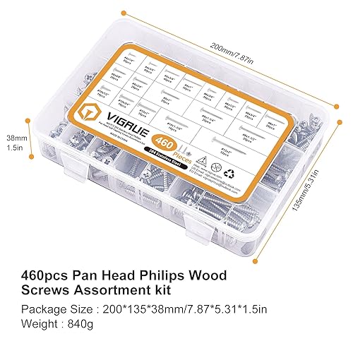 Miniatura 6 de VIGRUE Kit surtido de 495 tornillos de madera, 4, #6, #8, #10 cabeza de sartén Philips tornillos de madera con funda, tornillos autorroscantes de