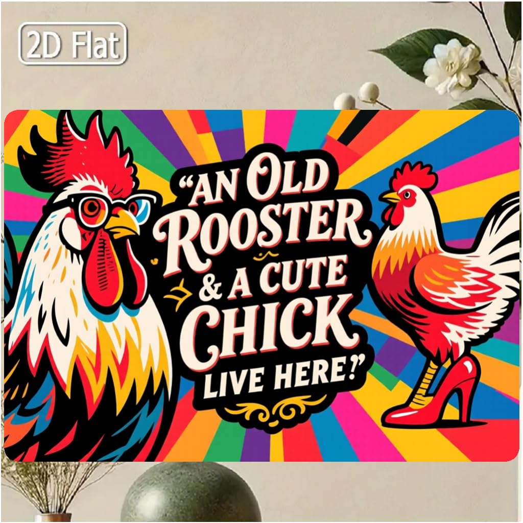 Old Rooster Cute Chick Iron Tin Sign, 8x12 Inch Decor