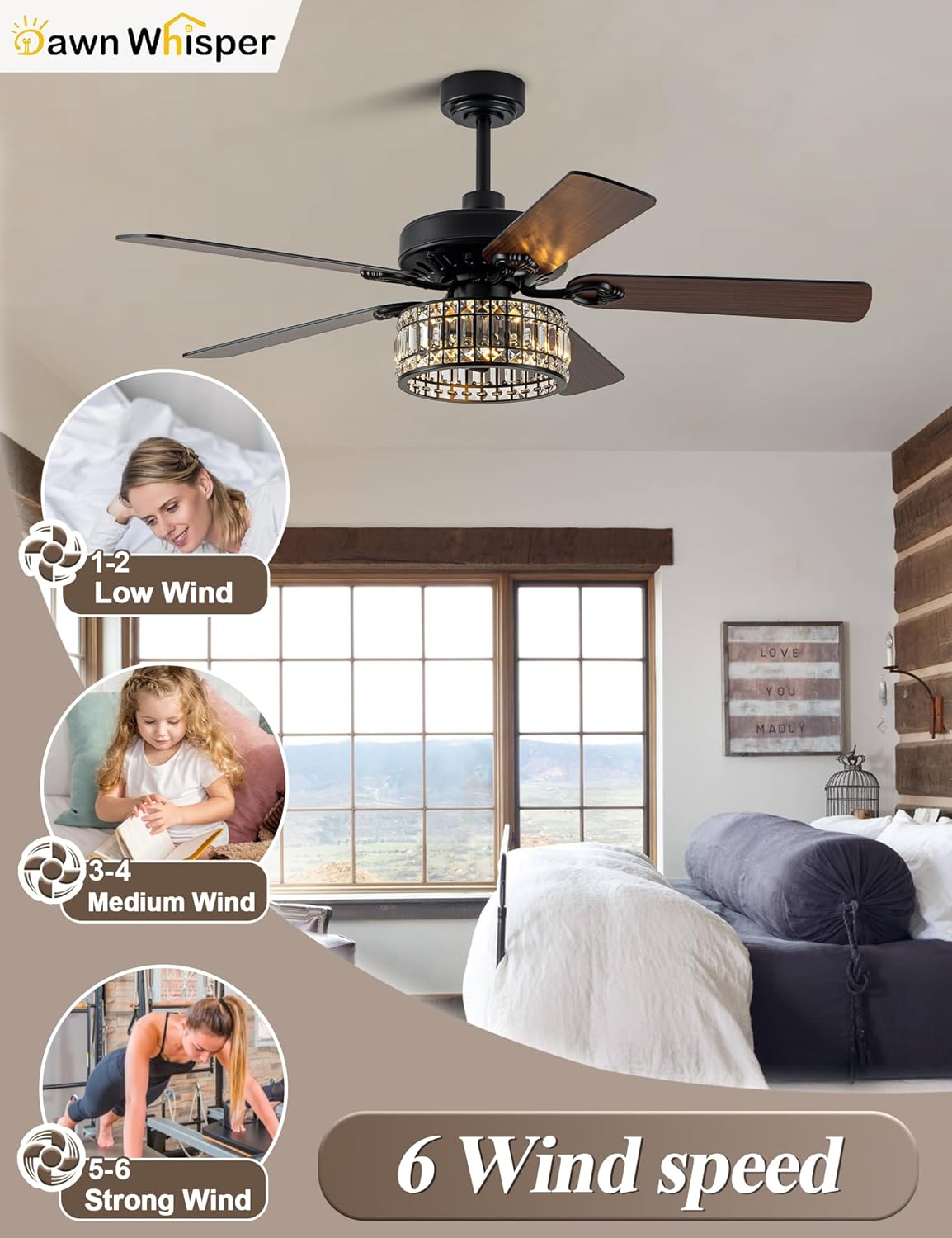 52 Inch Black Chandelier Fans Quiet and Reversible DC Motor Modern Ceiling Fans with Lights for Bedroom Living Room
