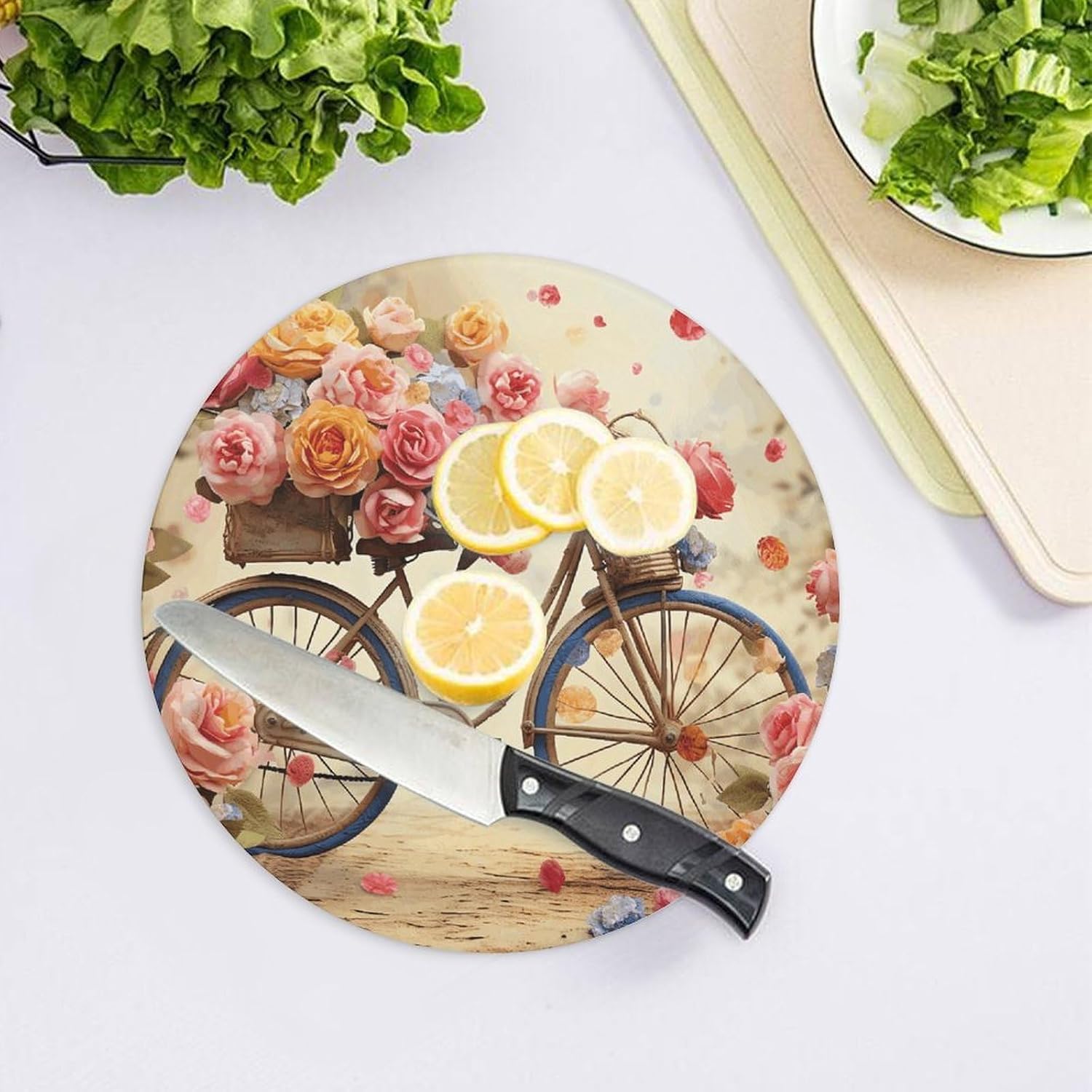 Flower Bicycle Chopping Block Tempered Glass Cutting Board Mats Round Countertop Cutting Boards Small Charcuterie Boards Bar Cheese Board Snack Tray