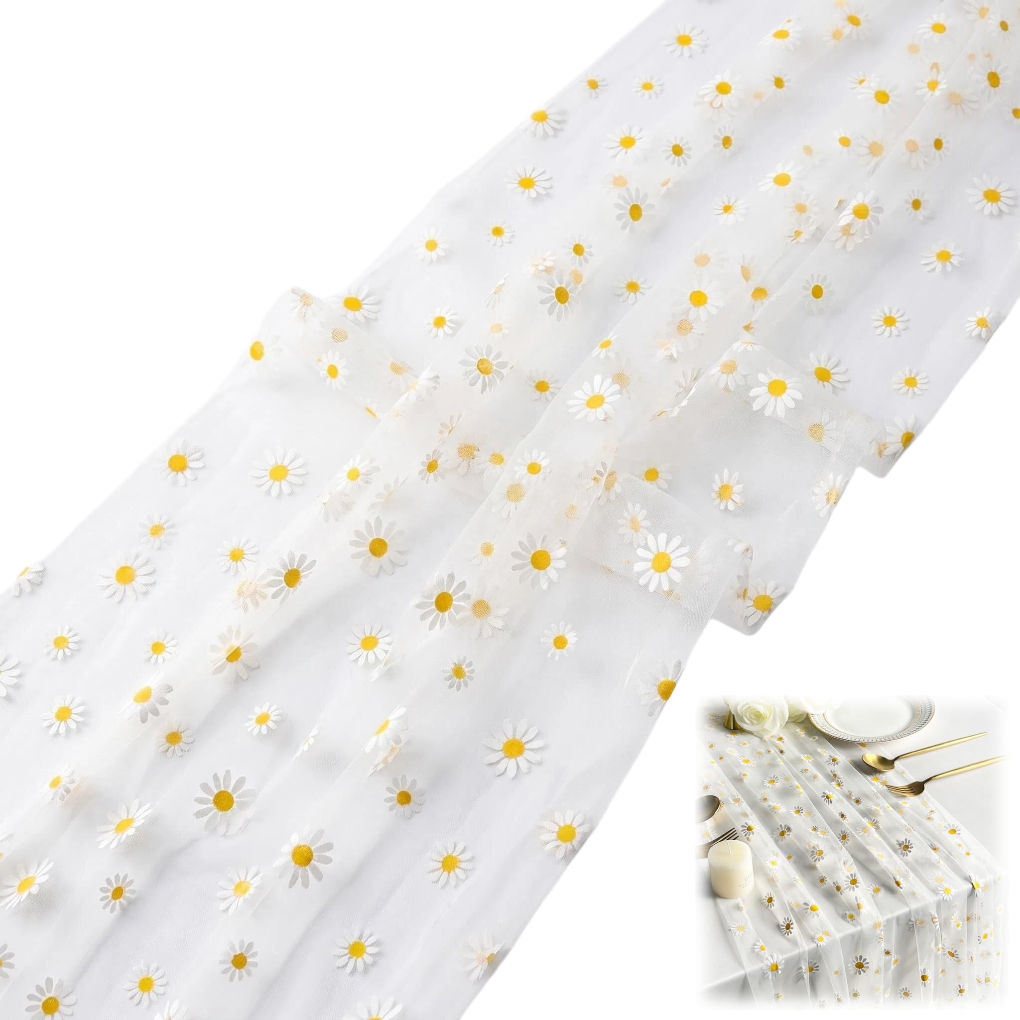 PLUSHCEWT Daisy Print Gauze Table Runner 75x300cm, Sheer Chiffon Dining Table Decor for Spring Summer, Washable Polyester Table Runners for Weddings, Parties, Kitchen, Home (white)