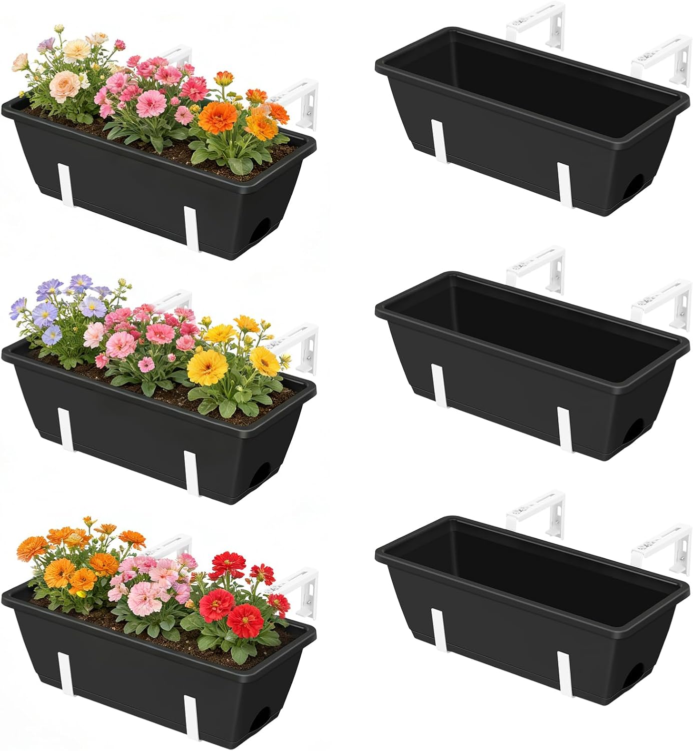 OYEAL 6 Pack Railing Planter Boxes with Adjustable Brackets Outdoor Hanging Window Boxes Planters Deck Railing Planter Boxes with Drainage Holes for Fence, Garden, Balcony, Patio, Black & White
