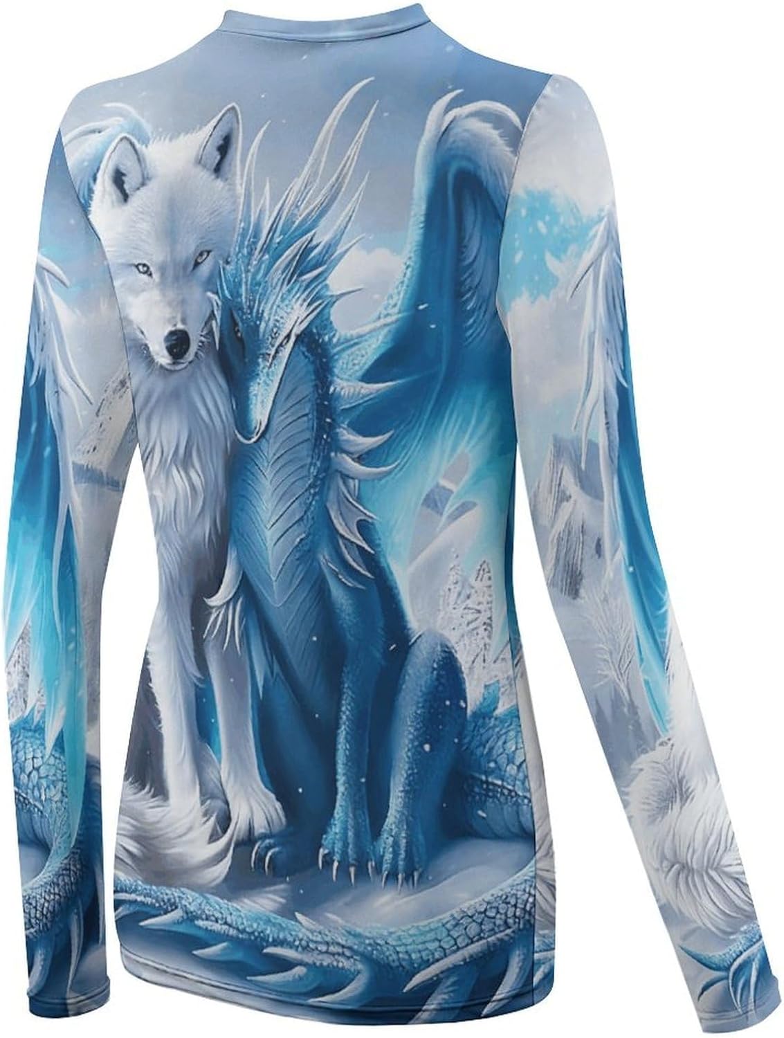 Fantasy Wolf Snow Dragon Rash Guard for Women UPF 50+ UV Sun Protection | Long Sleeve Workout Top Quick Dry Athletic Hiking Shirt Moisture Wicking Swim Shirt for Running, Cycling, Swimming