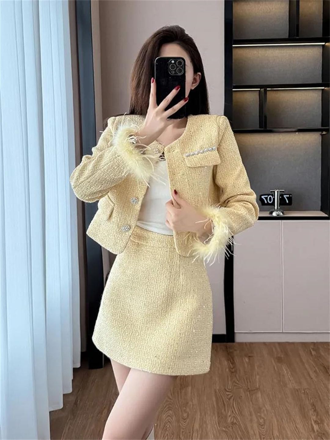 Women Tweed Two Piece Set Feather Detail Jacket Mini Skirt Outfit