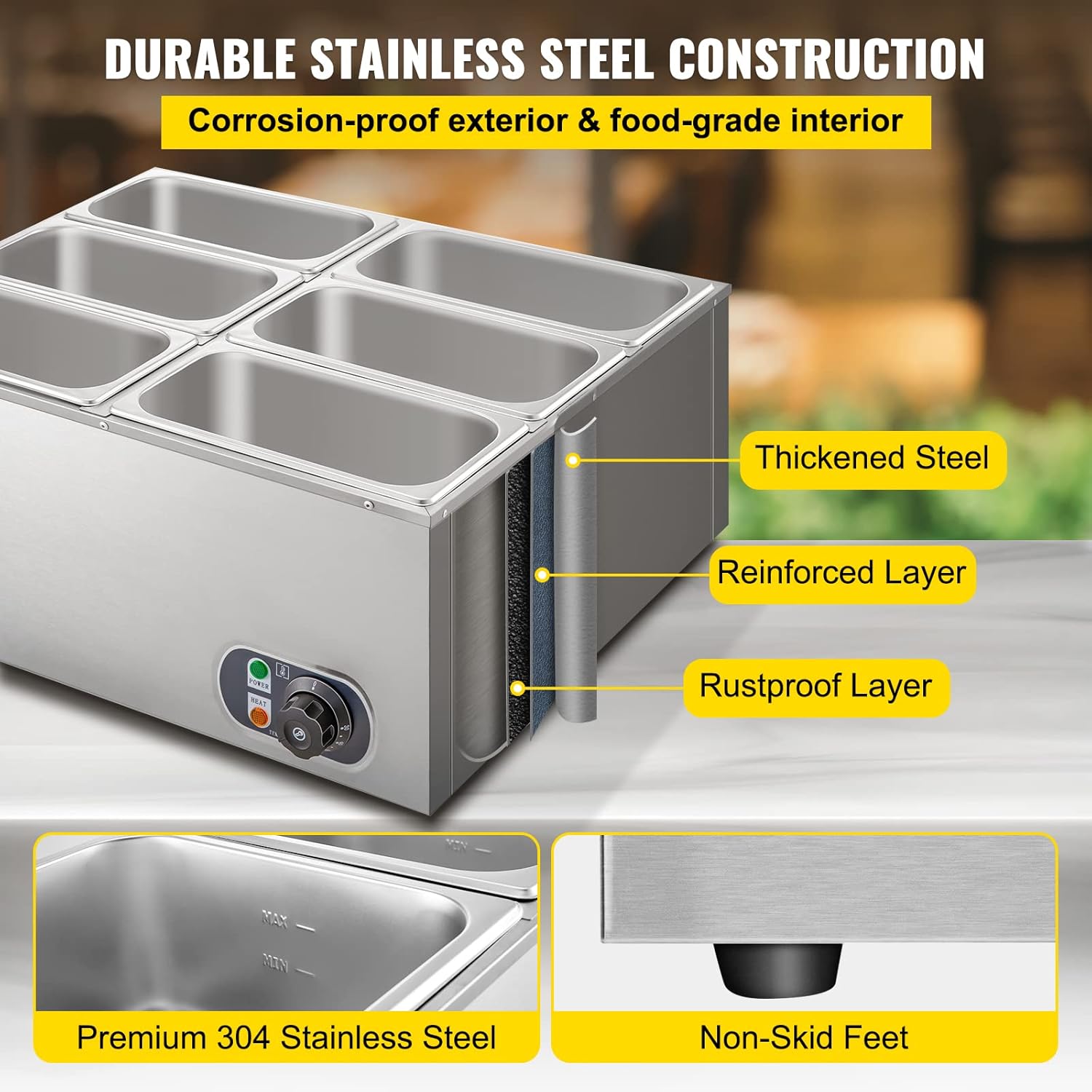 VEVOR 110V 6-Pan Commercial Food Warmer, 1200W Electric Steam Table 15cm/6inch Deep, Professional Stainless Steel Buffet Bain Marie 32 Quart Capacity for Catering and Restaurants : Industrial & Scientific