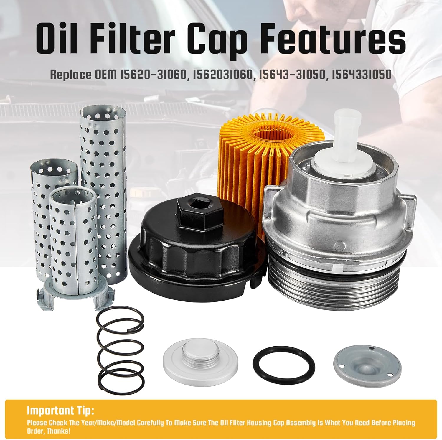 Oil Filter Housing Cap Assembly Kit 15620-31060 with Oil Plug Fit for Toyota 2005-2019 Tundra RAV4 4Runner Camry Highlander Tacoma Avalon Sienna Venza Lexus RX350 Replacement 1562031060 15643-31050