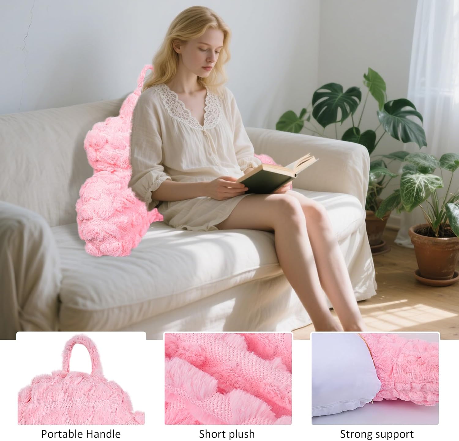 Fiodrimy Reading Pillow for Sitting in Bed Adult, Pink Heart Backrest Pillow for Sitting Up, Back Support Chair Pillow with Arms, Home College Dorm Essentials for Girls and Boys Men and Women