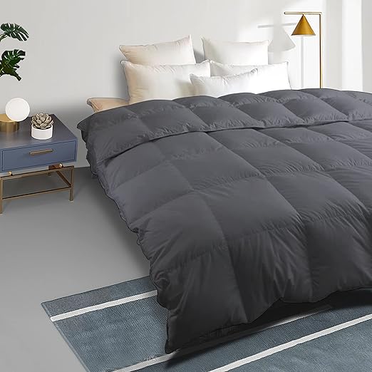 Feather Down Comforter Heavy Weight Queen Size Duvet Insert All Season, Sewn-Through Diamond Stitching Quilt with 8 Corner Tabs Deep Grey 90x90 Inches