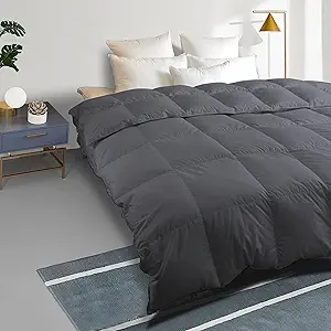 Feather Down Comforter Heavy Weight Queen Size Duvet Insert All Season, Sewn-Through Diamond Stitching Quilt with 8 Corner Tabs Deep Grey 90x90 Inches