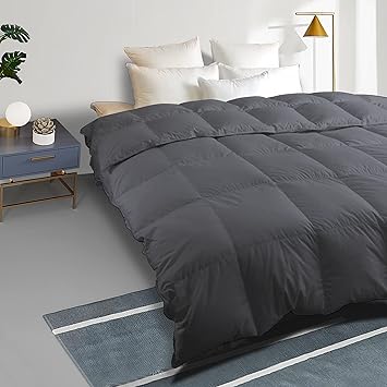 Feather Down Comforter Heavy Weight Queen Size Duvet Insert All Season, Sewn-Through Diamond Stitching Quilt with 8 Corner Tabs Deep Grey 90x90 Inches