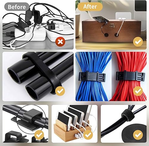 Miniatura 6 de Caja de gestión de cables de madera con kit de gestión de cables de 135 piezas para regleta de alimentación para ocultar cables, cajas organizadoras