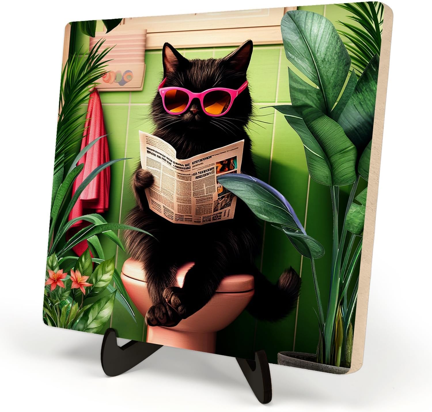 Funny Black Cat Bathroom Sign, Black Cat Sitting on Toilet Reading Newspaper,Modern Humorous Illustration Style Wood Plaque Sign with Stand,Bathroom Toilet Home Shelf Desk Decor.5.9x5.9 Inch(CAT)