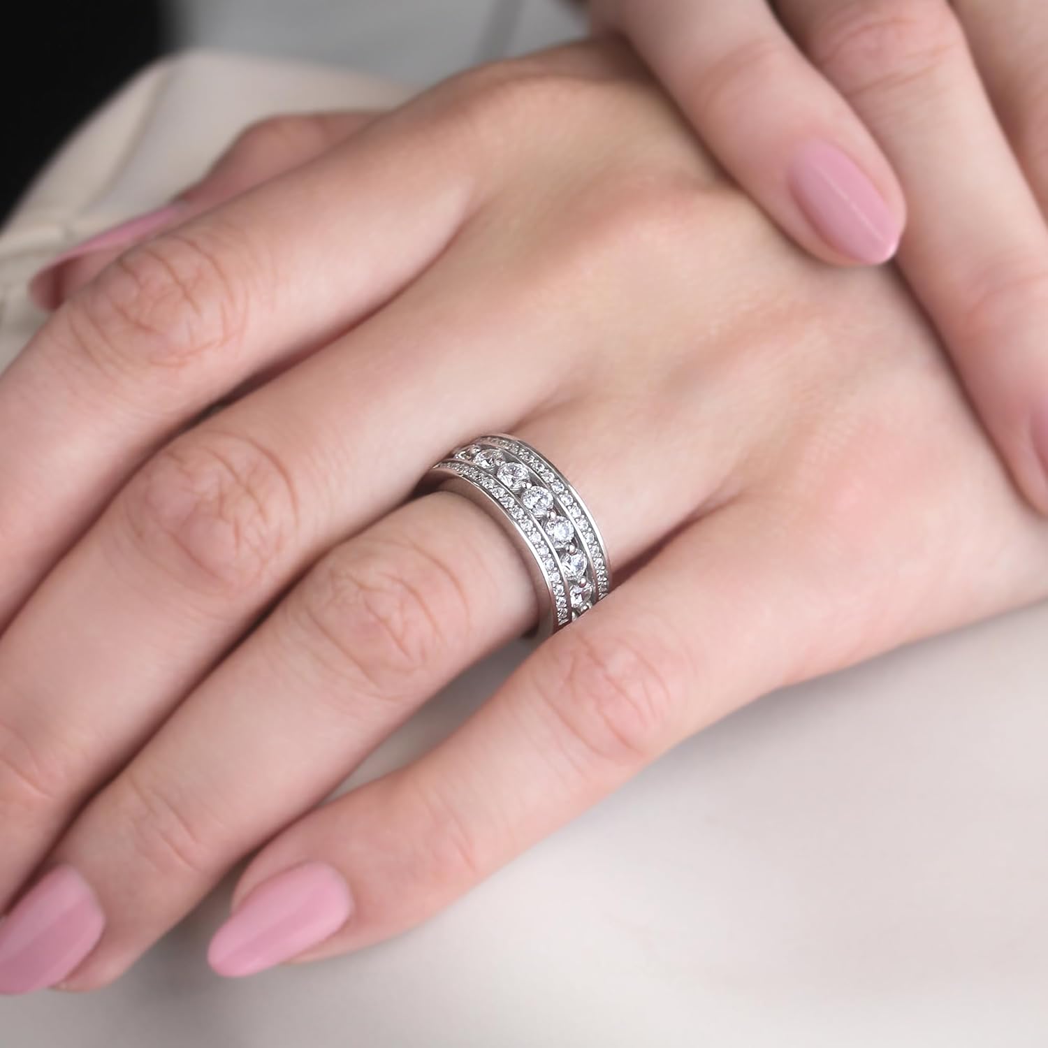 DoubleAccent Sterling Silver Ring Wedding Band Round CZ Stone Seven Stone Classic Anniversary Ring 7MM (Size 5 to 10)