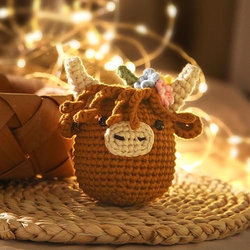 Miniatura 7 de Highland Cow Kit de inicio de ganchillo hilo de tejer fácil, tutorial en video paso a paso, gancho, regalo de cumpleaños para adultos y niños (30% +