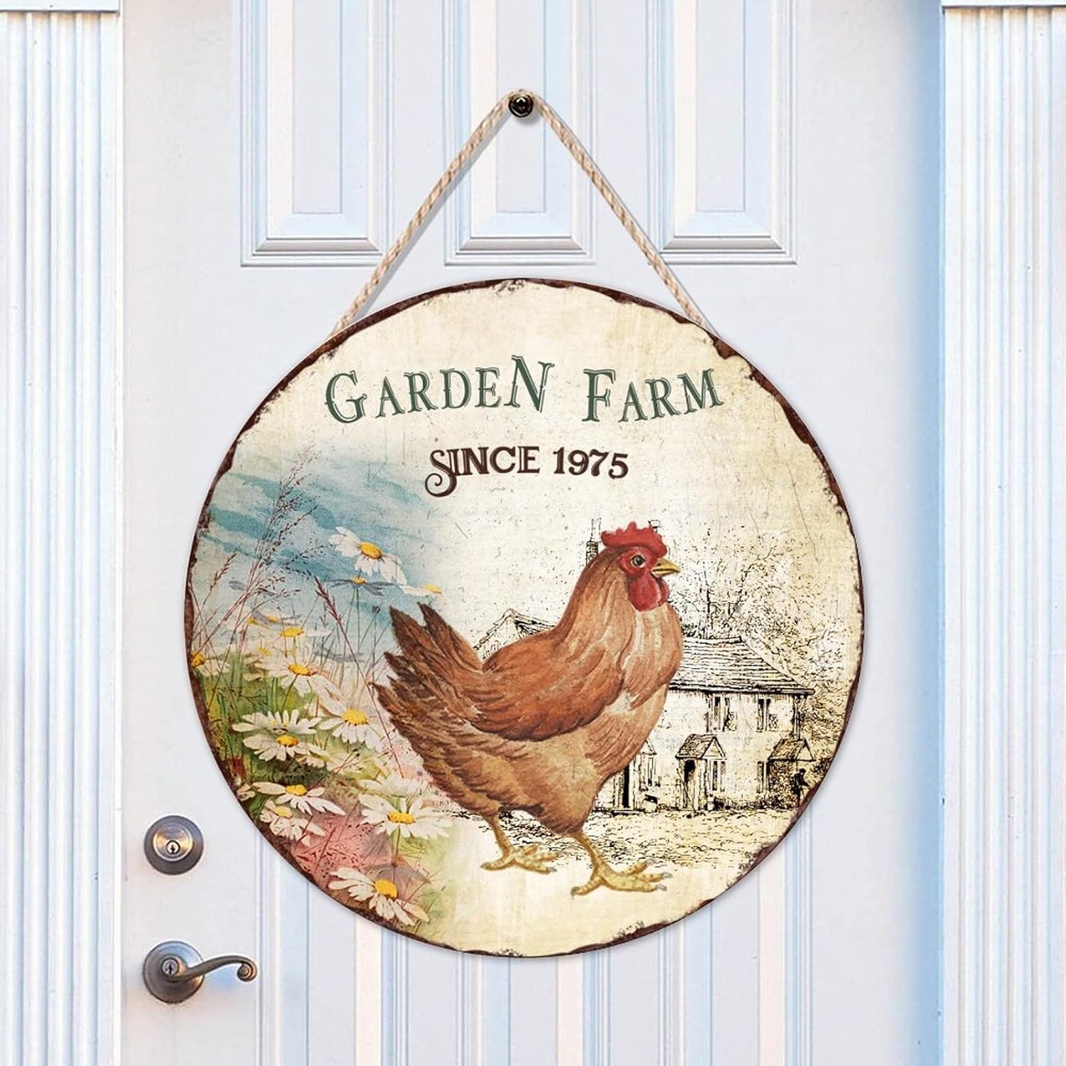 Garden Farm Since 1975 Wood Door Sign, Chicken Front Door Sign, 16x16in Retro Wall Hanging Sign Plaque for Backyard Front Porch Farmhouse Front Door Decor Housewarming Gifts