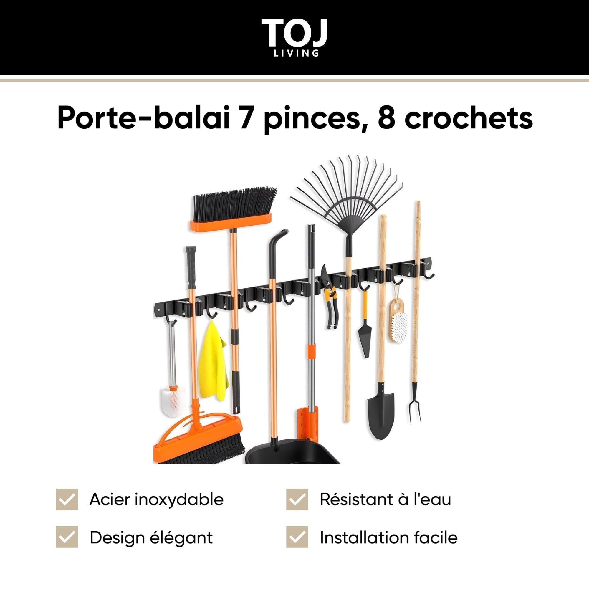TOJ Living Uchwyt na miotłę na ścianę – narzędzia ogrodowe – uchwyt na miotłę – uchwyt ścienny – 7 uchwytów – 8 haczyków – 82 cm – stal nierdzewna – czarny