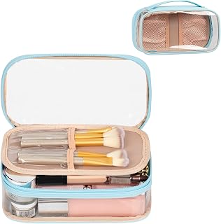 OCHEAL Clear Makeup Bag, Portable Makeup Storage Organizer Cosmetic Bag, Travel Makeup Bag Cute Pouch Women Girls Cosmetics Bags with Divider Makeup Brush Compartment-Lake Blue Clear