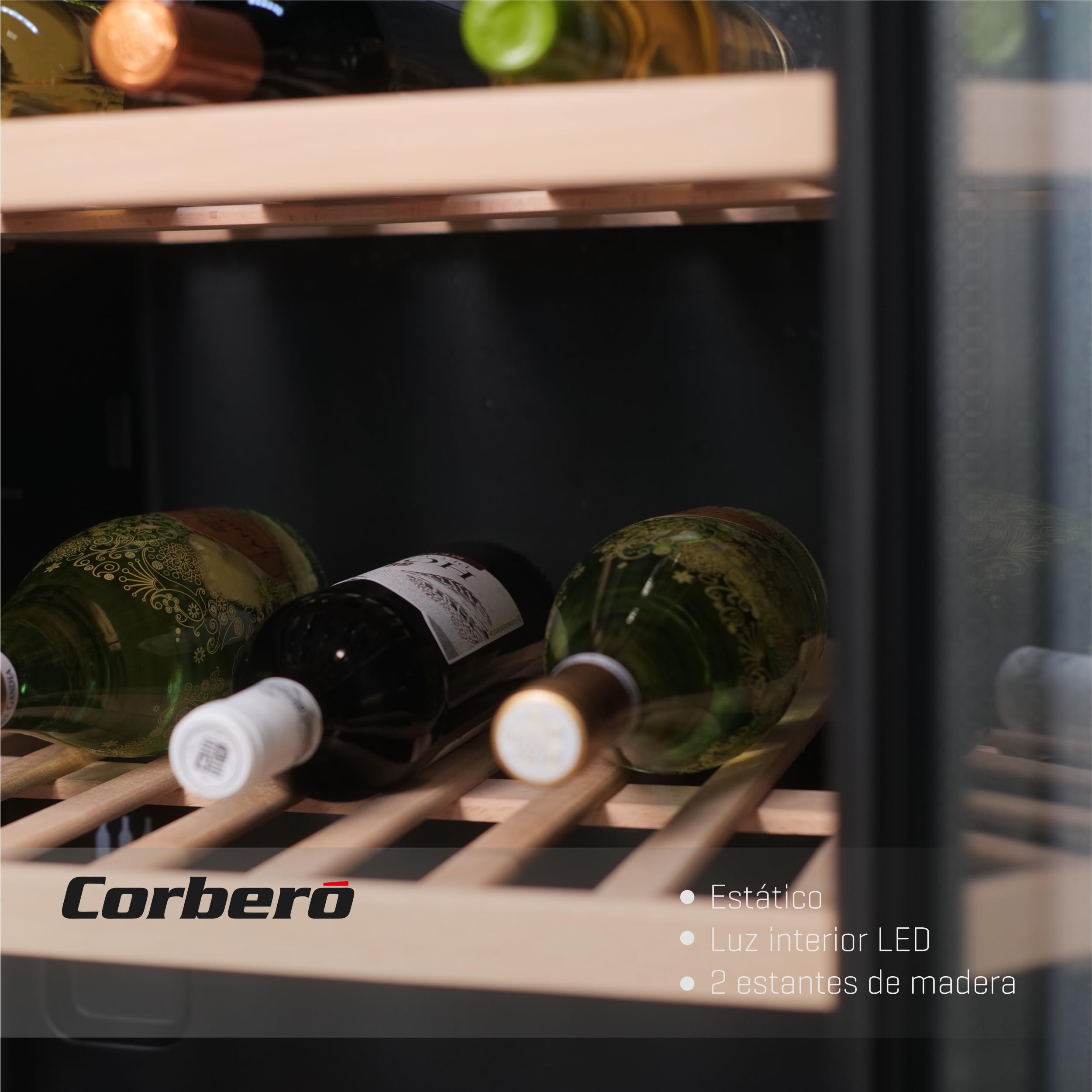 Corberó - Vinoteca CFKWC61SW | 126L | 61 Botellas | Puerta Cristal | Display LED | 2 Estantes Madera | Rango Temperatura 5-20ºC | Nevera para vinos | Negro