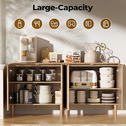 Miniatura 6 de Aparador de buffet con almacenamiento, armarios de madera con estantes ajustables, puertas acanaladas, mesa consola antipunta para cocina, comedor,